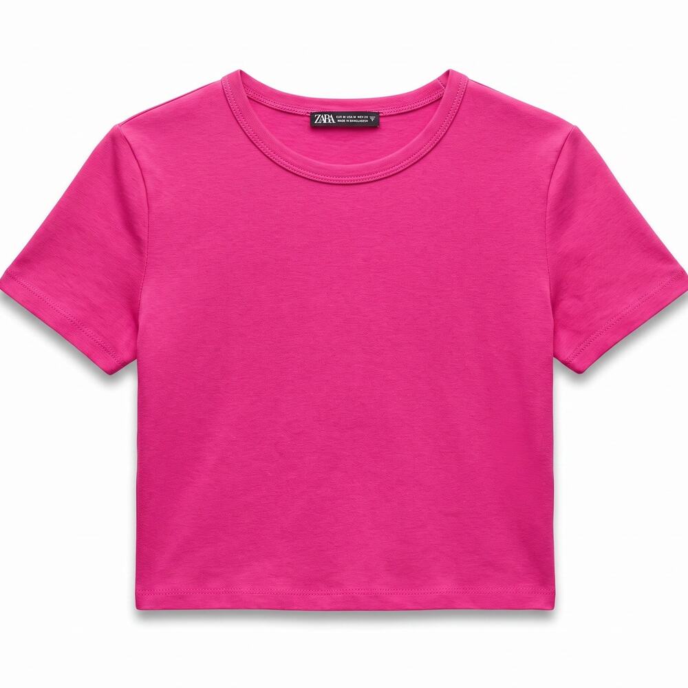 Zara Pink Crewneck Crop Baby Tee T Shirt Size M Cotton Short Sleeves Stretch